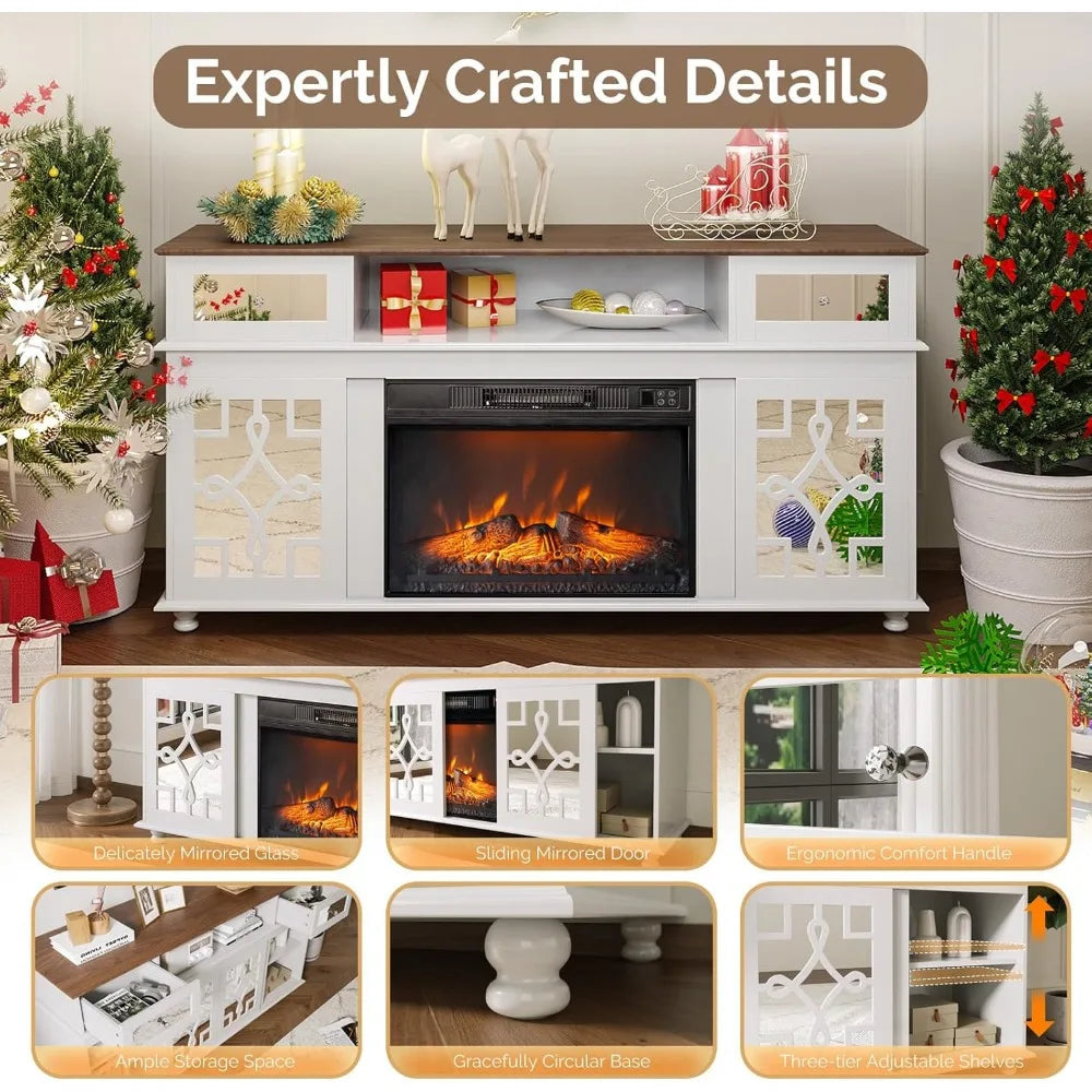 Fireplace TV Stand with Sliding Mirrored Door for TVs up to 70", Entertainment Center with Storage Cabinet and Shelves,