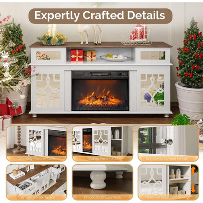 Fireplace TV Stand with Sliding Mirrored Door for TVs up to 70", Entertainment Center with Storage Cabinet and Shelves,