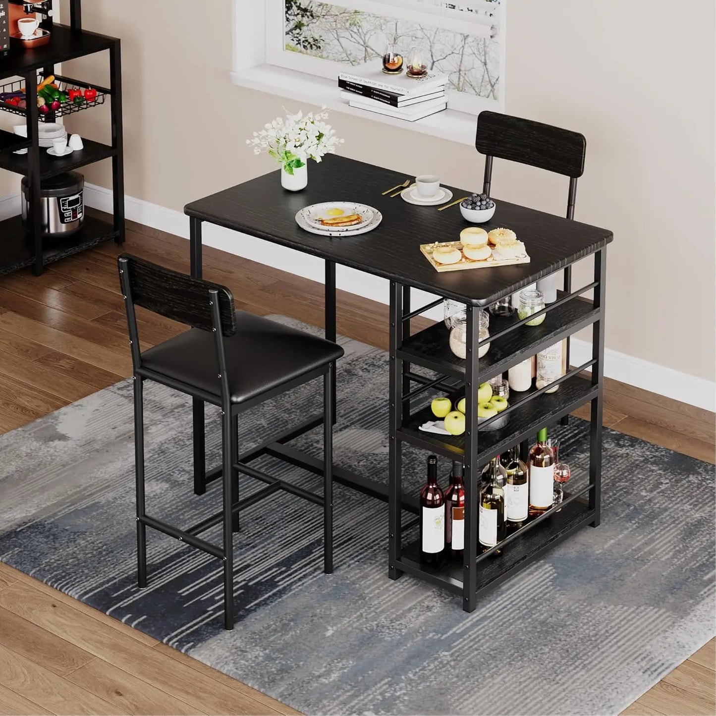 3-Piece Bar Table and Chairs Set with 3 Tier Storage Shelves,  with PU Cushion Bar Chairs