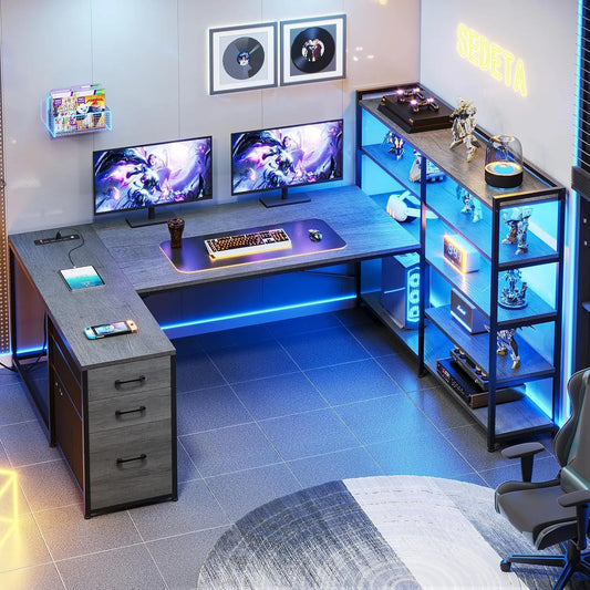 Office Computer Desk, Reversible, 3 Fabric Drawers and Power Outlet, Corner Gaming Desk with LED Lights