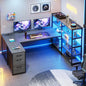 Office Computer Desk, Reversible, 3 Fabric Drawers and Power Outlet, Corner Gaming Desk with LED Lights