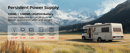 12V 100AH LiFePO4 Lithium Battery With Bluetooth Monitor Battery info 1280Wh For RV, Camper, Golf Cart, Trolling Motor