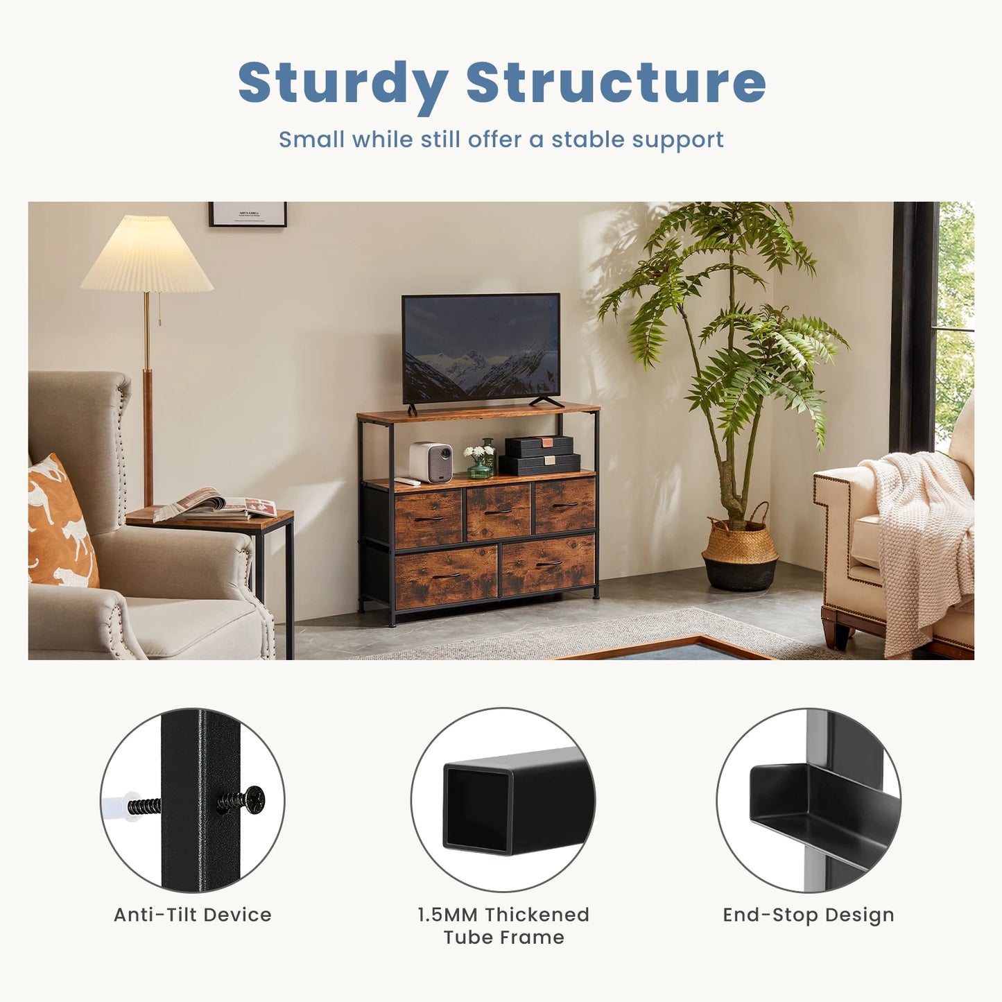 TV Stand Dresser Drawers For Bedroom With 5 Fabric Drawers
