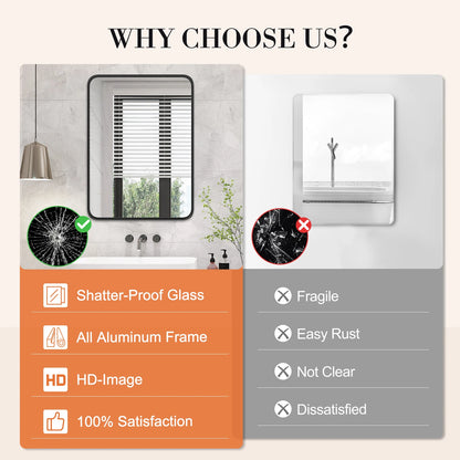 Matte Metal Framed Bathroom Mirror for Wall, Tempered Glass