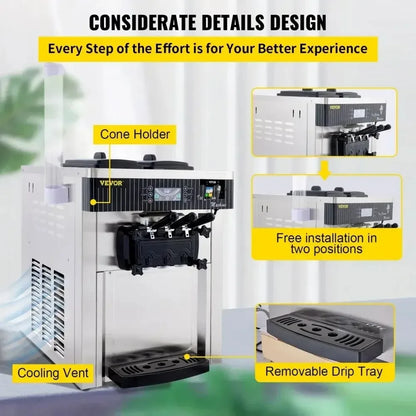 Sihao 2200W Ice Cream Machine 5.3-7.4Gal/H Soft Serve with LED Display Auto Clean 3 Flavors