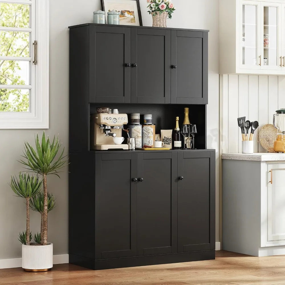 71" Tall Pantry Storage Cabinet with Microwave Stand & Door Shelf,  6 Doors