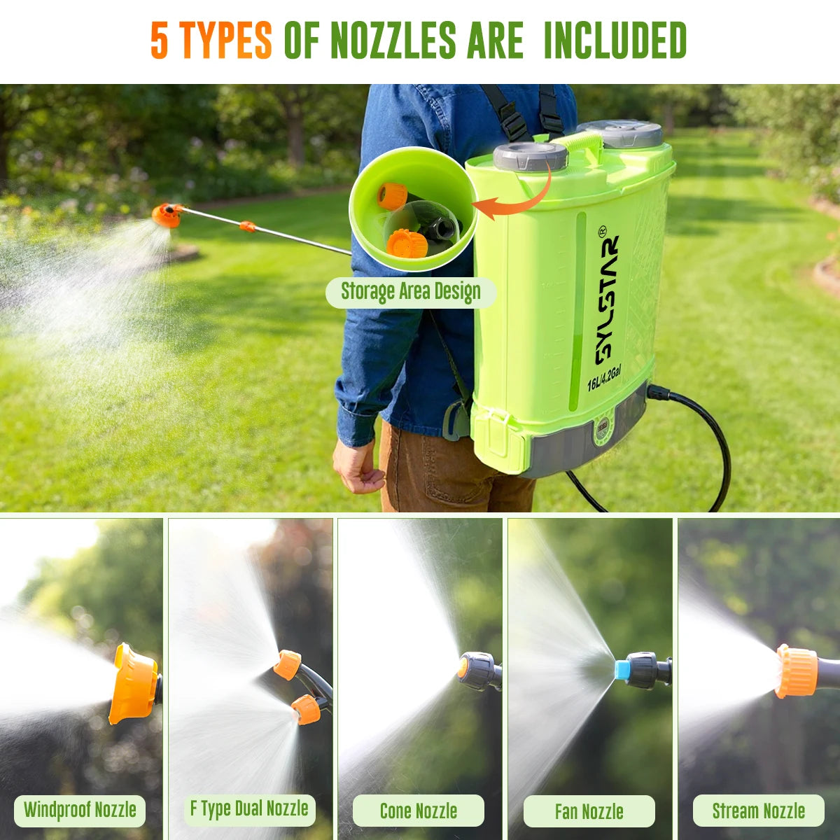 4 Gallon Battery Powered Backpack Sprayer 16L Agriculture Spray 100 PSI 5 Nozzles Electric Graden Sprayer
