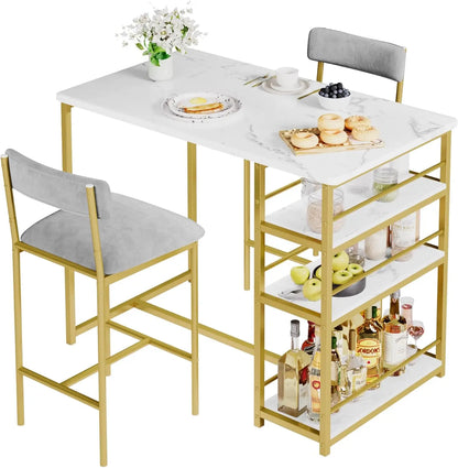3-Piece Bar Table and Chairs Set with 3 Tier Storage Shelves,  with PU Cushion Bar Chairs
