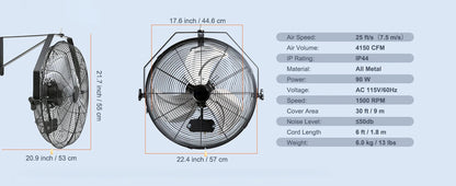 Wall Mount Fan High Velocity Waterproof for Warehouse Greenhouse Patio