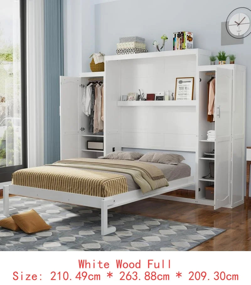 Queen Size Murphy Bed with 2 Wardrobes and Storage Shelf, Multifunctional Foldable Bed Frame for Guest Room and Bedroom, White