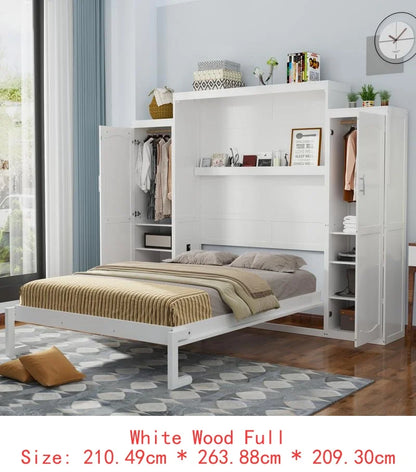 Queen Size Murphy Bed with 2 Wardrobes and Storage Shelf, Multifunctional Foldable Bed Frame for Guest Room and Bedroom, White
