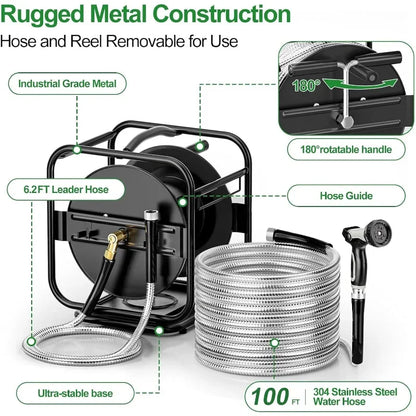 Heavy Duty Metal Garden Hose Reel With 100 Ft 304 Stainless Steel & Aluminum Nozzle, Wall Mount/Floor Water Pipe Spool