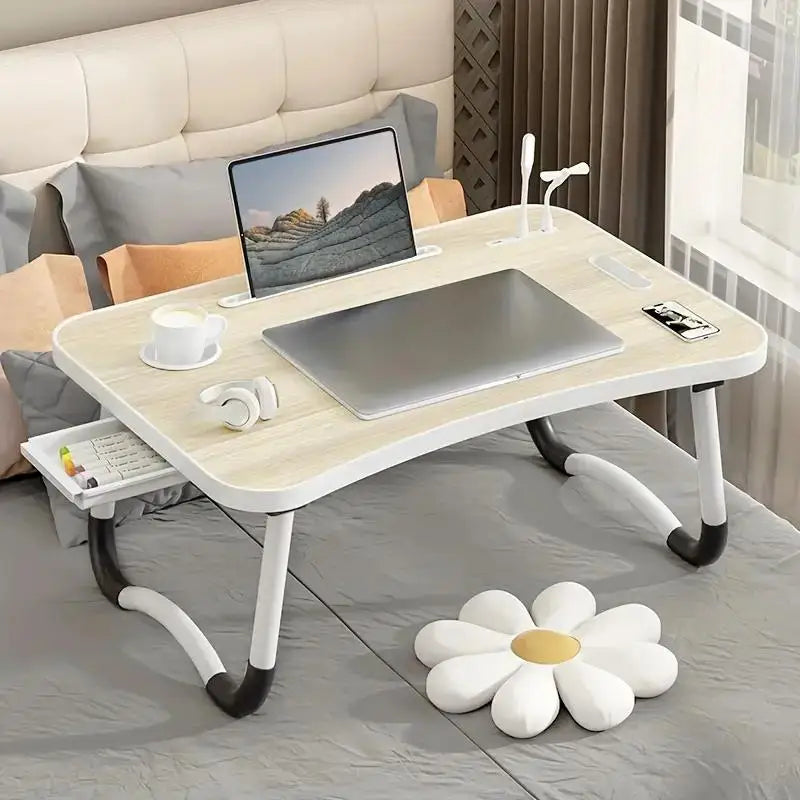 Portable Laptop Desk with USB Light, Small Fan, Cup Holder, Tablet Slot, and Lifting Handle