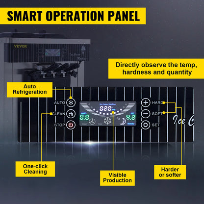 Sihao 2200W Ice Cream Machine 5.3-7.4Gal/H Soft Serve with LED Display Auto Clean 3 Flavors