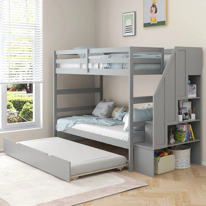 Twin Over Twin Bunk Bed with Trundle and Stairs, Solid Wood Bunk Bed Frame with Storage Shelf, Bunk Beds Detachable,