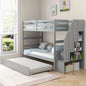 Twin Over Twin Bunk Bed with Trundle and Stairs, Solid Wood Bunk Bed Frame with Storage Shelf, Bunk Beds Detachable,
