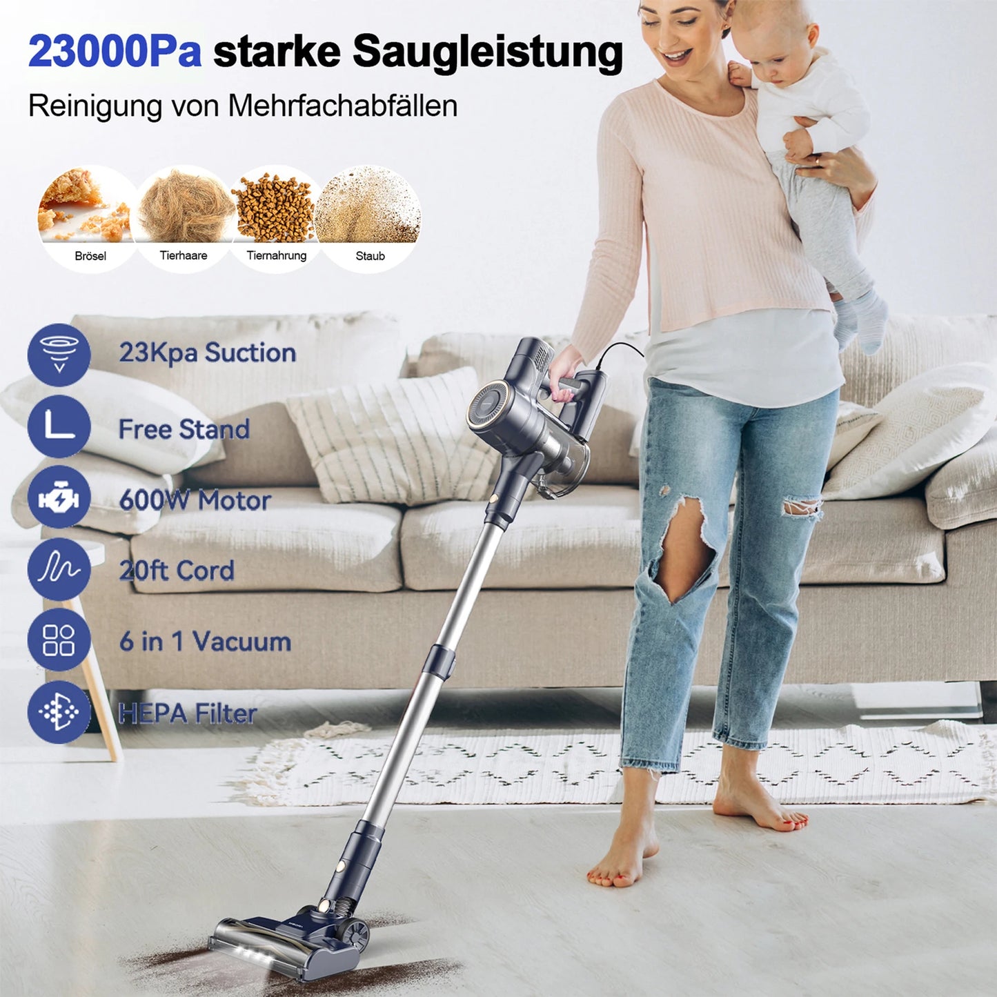 I8 Corded Vacuum Cleaner, 23000Pa 6M  Vacuum for Floor, Carpet, Pet Hair