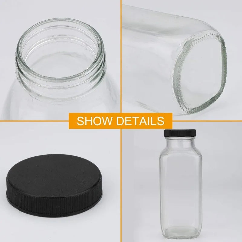 Vintage Water,Glass 16oz,Square With Lids For Homemade Drinks, 20Pack