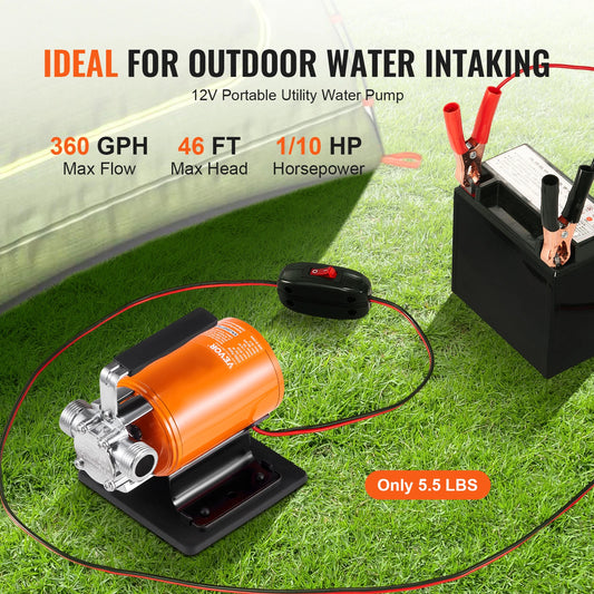 Water Transfer Pump 12V DC 360 GPH 1/10HP Portable Electric Utility Pump with 6 ft Suction Hose Kit