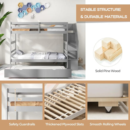 Twin Over Twin Bunk Bed with Trundle and Stairs, Solid Wood Bunk Bed Frame with Storage Shelf, Bunk Beds Detachable,