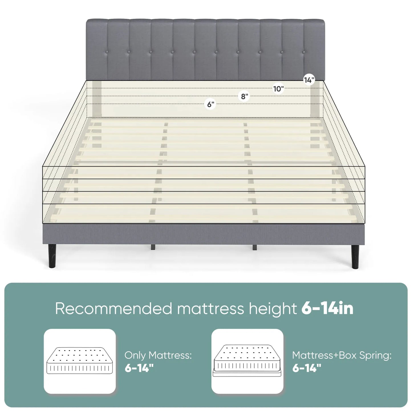 Wooden Solid Bed Frame with Fabric Upholstered 800LBS Sturdy Slats Support