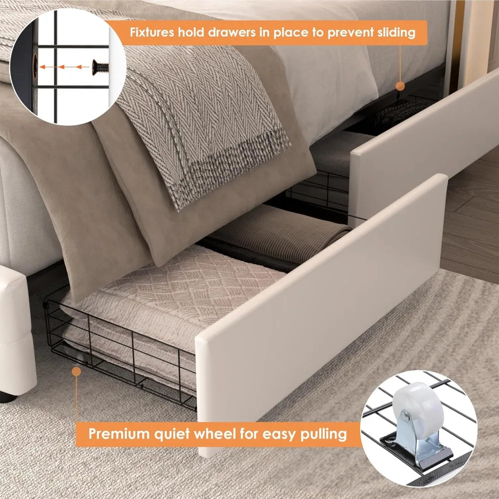 Full Size Smart LED Platform Bed Frame; 4 Storage Drawers; Gold Trim Wingback Headboard,