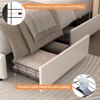 Full Size Smart LED Platform Bed Frame; 4 Storage Drawers; Gold Trim Wingback Headboard,