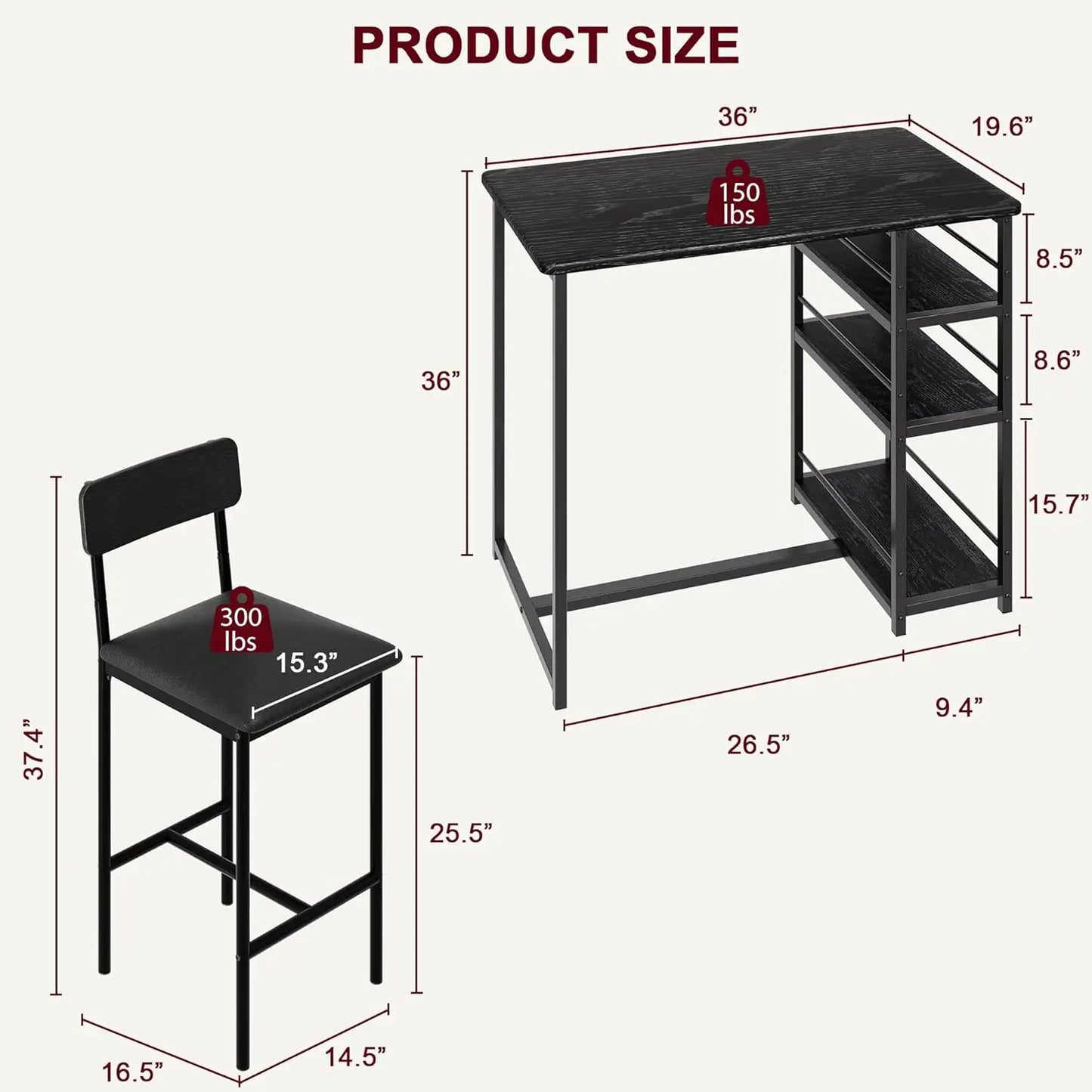 3-Piece Bar Table and Chairs Set with 3 Tier Storage Shelves,  with PU Cushion Bar Chairs