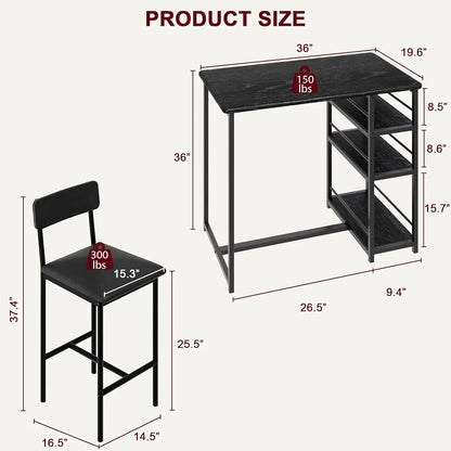 3-Piece Bar Table and Chairs Set with 3 Tier Storage Shelves,  with PU Cushion Bar Chairs