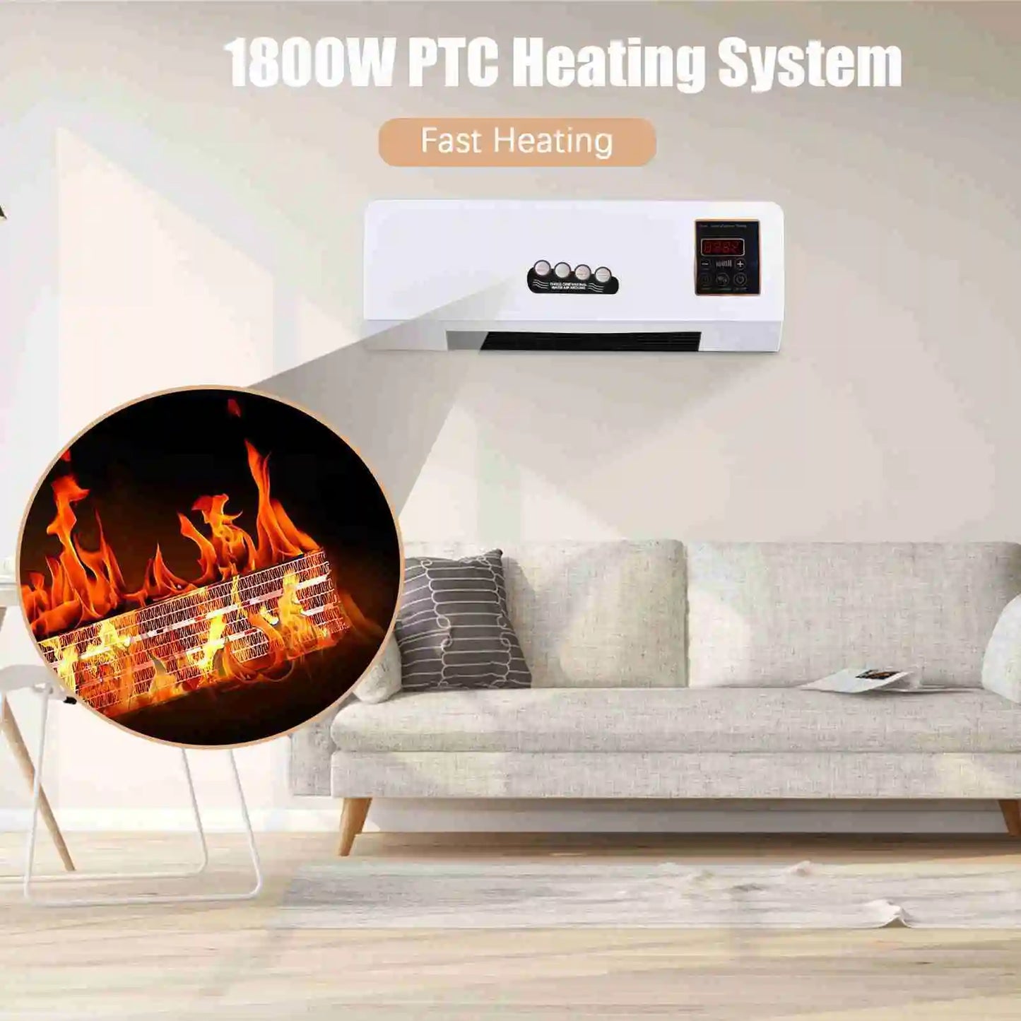Fan and Heating Space Heater ; Wall Mount ; Timing Digital Display;