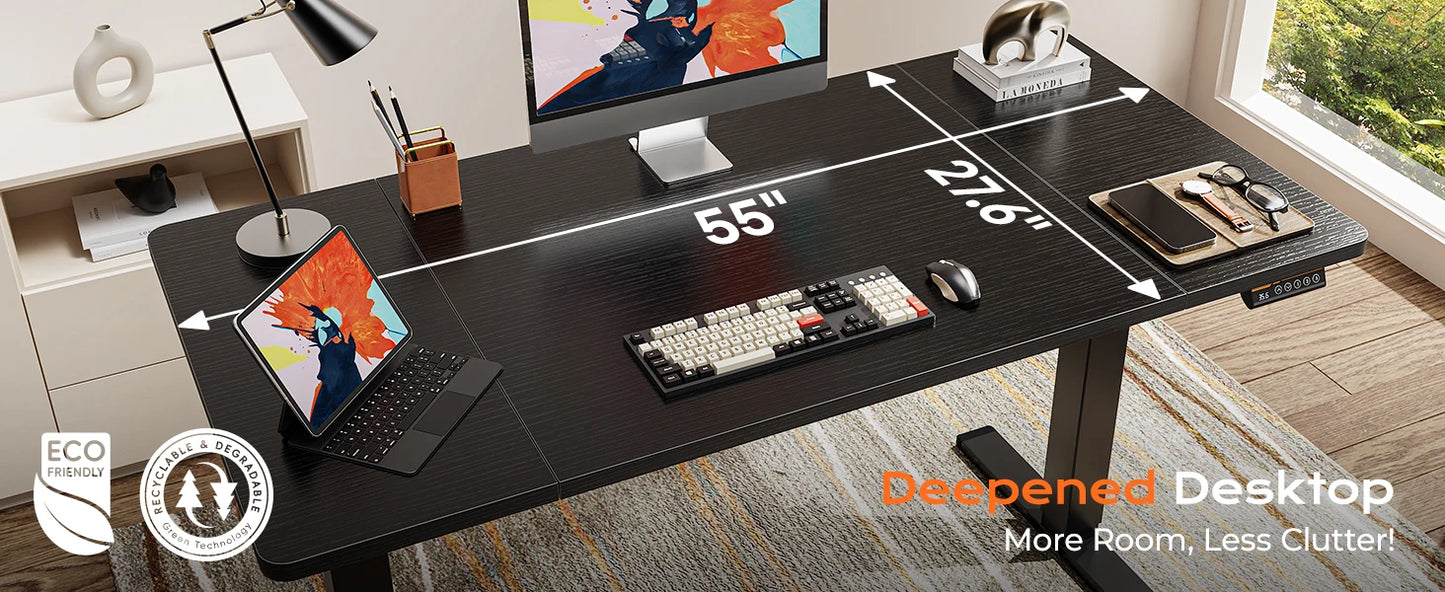 Large Electric Standing Desk 55 x 28 Height Adjustable Computer Desk 27.6 Deep Desktop with 2 Hooks for Home Office Black