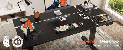 Large Electric Standing Desk 55 x 28 Height Adjustable Computer Desk 27.6 Deep Desktop with 2 Hooks for Home Office Black