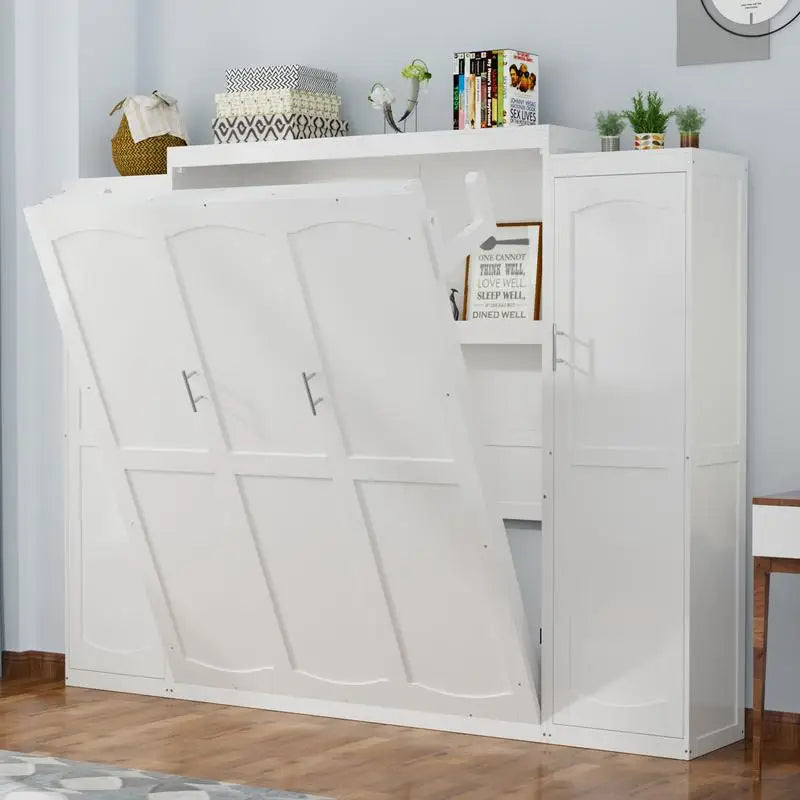 Queen Size Murphy Bed with 2 Wardrobes and Storage Shelf, Multifunctional Foldable Bed Frame for Guest Room and Bedroom, White