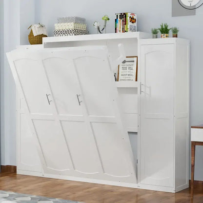 Queen Size Murphy Bed with 2 Wardrobes and Storage Shelf, Multifunctional Foldable Bed Frame for Guest Room and Bedroom, White