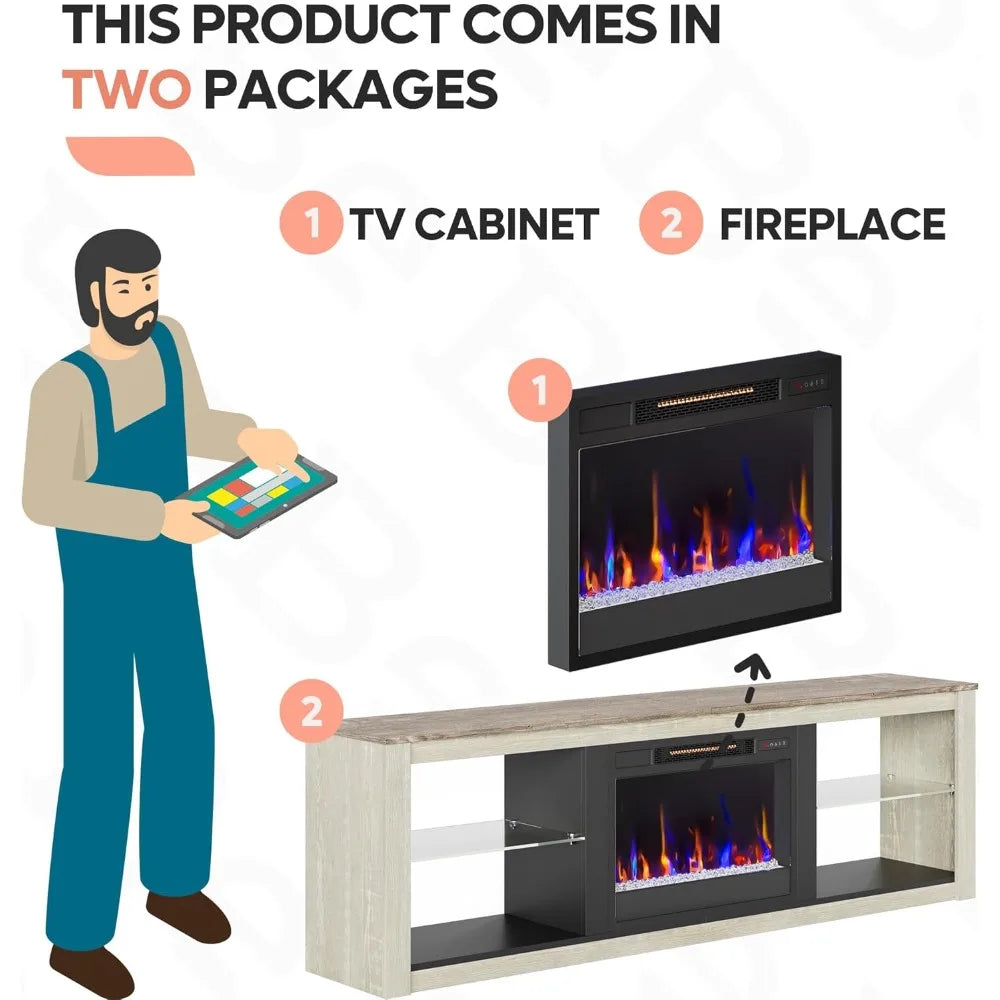Fireplace TV Stand for 75 inch TV with 23 inch Electric Fireplace, 70 inch Entertainment Center for Living Room with LED Light