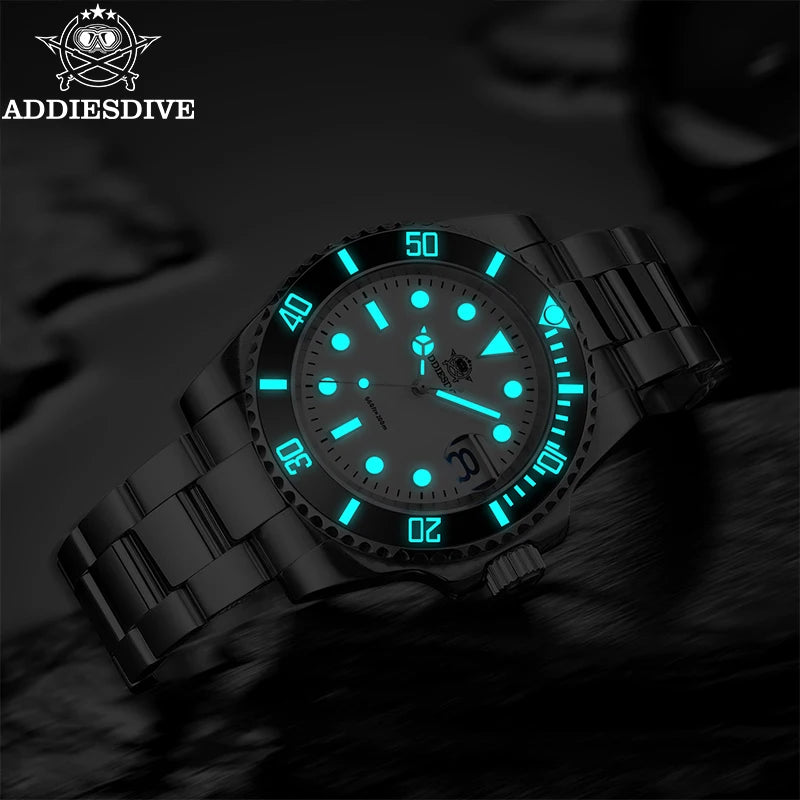ADDIESDIVE Quartz Watch 316L Stainless Steel Windows Display Blue luminous 20Bar Ceramic Ring Waterproof Scuba