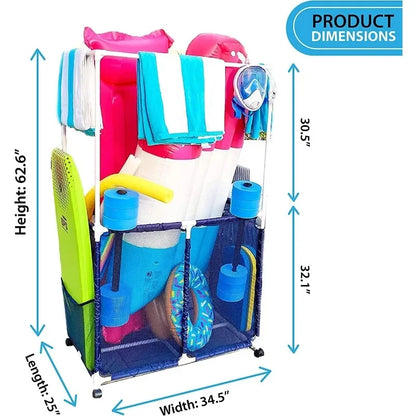 Pool Equipment Holder with Towel Drying Bars, Mesh Rolling
