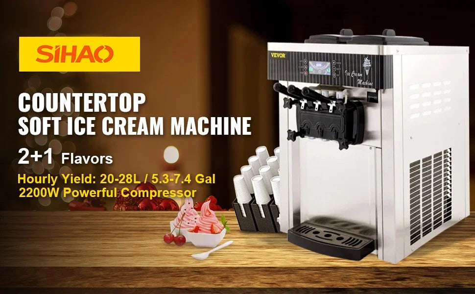 Sihao 2200W Ice Cream Machine 5.3-7.4Gal/H Soft Serve with LED Display Auto Clean 3 Flavors