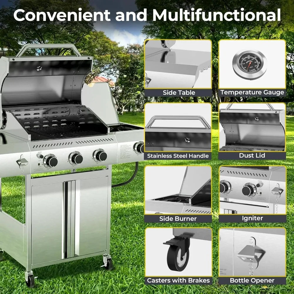 3-Burner Propane Gas Grill with Side Burner, 34,000 BTU Stainless Steel Outdoor BBQ for Camping & Parties