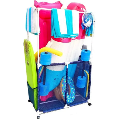 Pool Equipment Holder with Towel Drying Bars, Mesh Rolling