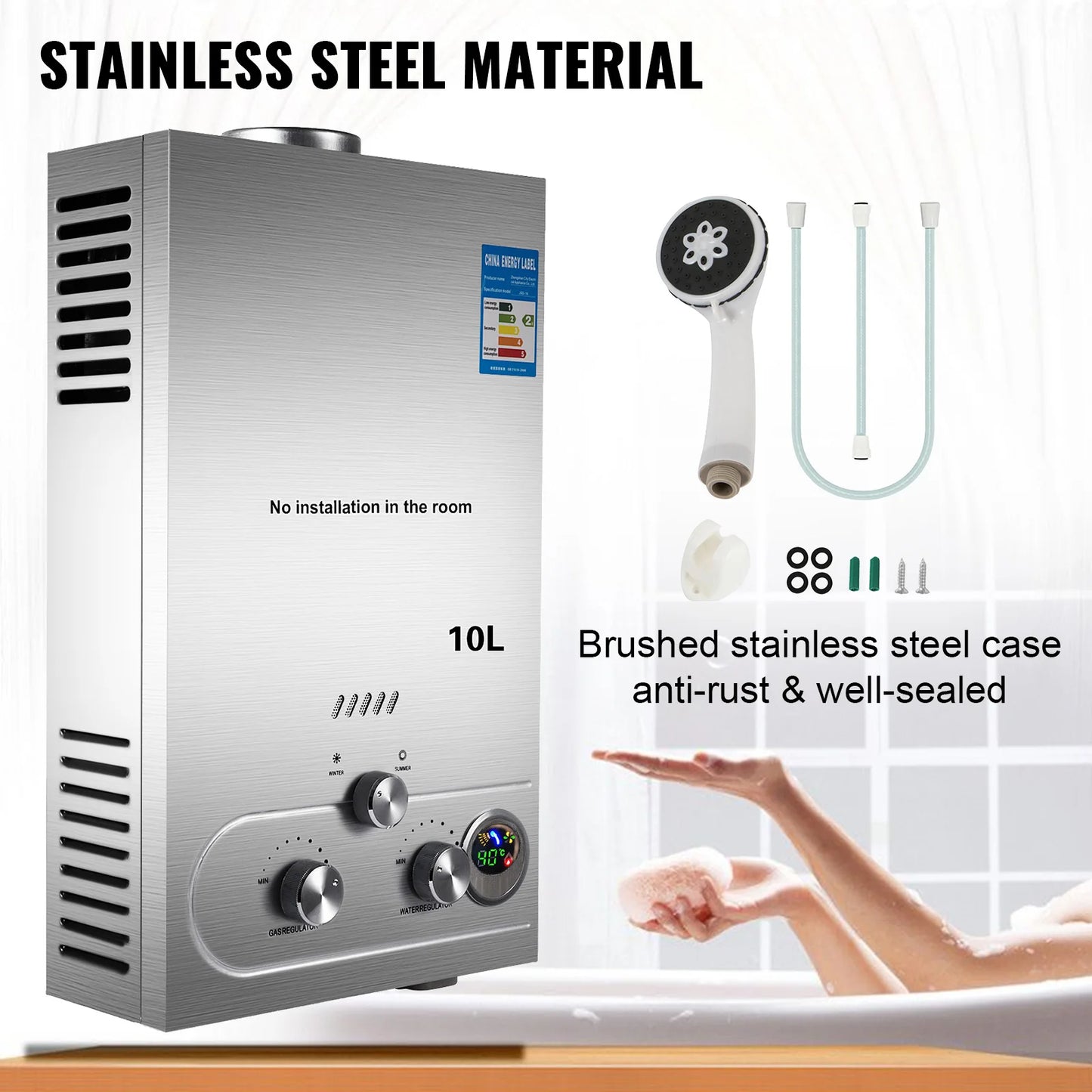 6L-18L LPG Gas Tankless Hot Water Heater Outdoor Use;  Stainless Steel Camping W/Shower Kit LPG Water Heater