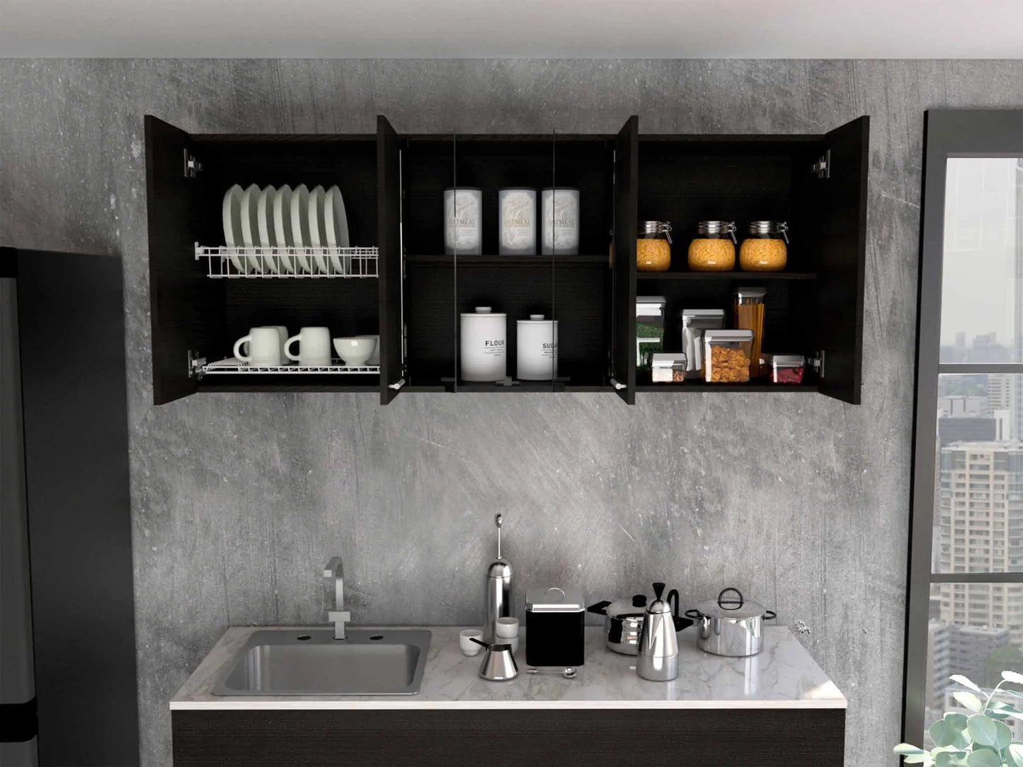 Superior 150 Wall Cabinet With Glass, Four Interior Shelves, Two Double Door Black