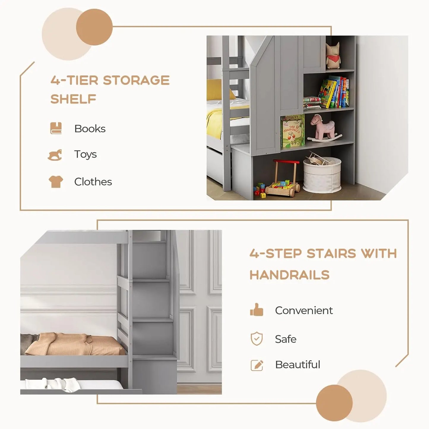 Twin Over Twin Bunk Bed with Trundle and Stairs, Solid Wood Bunk Bed Frame with Storage Shelf, Bunk Beds Detachable,