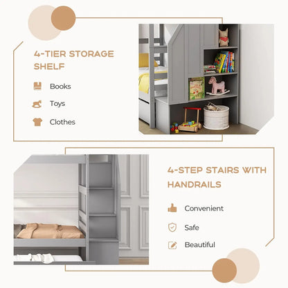 Twin Over Twin Bunk Bed with Trundle and Stairs, Solid Wood Bunk Bed Frame with Storage Shelf, Bunk Beds Detachable,