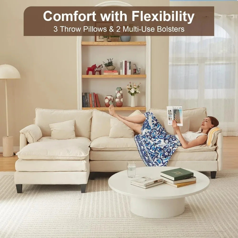 Luxury 108” Modular Sectional Sofa – Comfy Cloud Couch with Movable Ottoman, Charging Station,Side Pockets & Throw Pillows