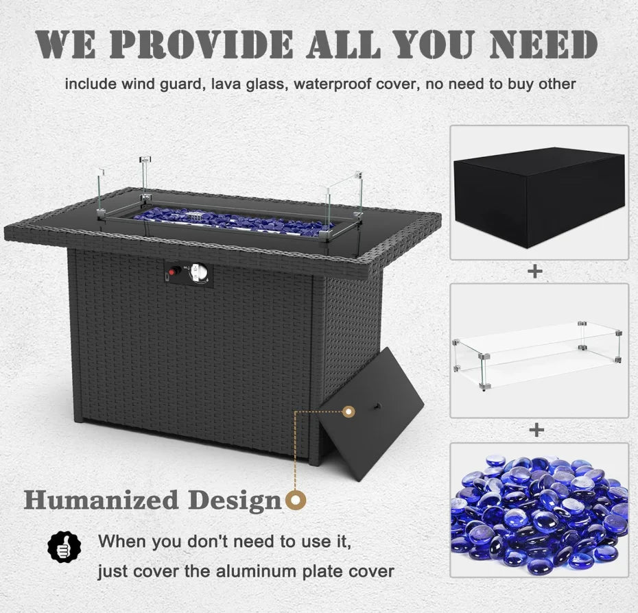 8 Pieces Patio Furniture Set with 44" Propane Gas Fire Pit Table, Outdoor Sectional Wicker Conversation Sofa Sets with Table