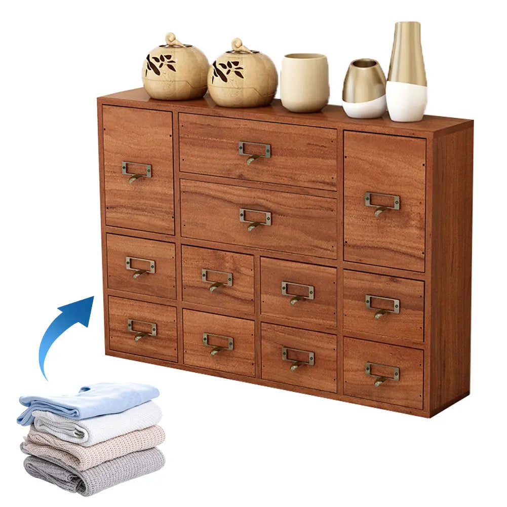 12 Drawer Wooden Apothecary Cabinet with Label Slot & Metal Handle Tabletop Storage Box Library Card Catalog Cabinet for Kitchen or Desk