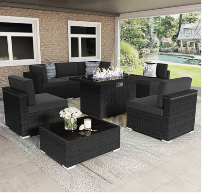 8 Pieces Patio Furniture Set with 44" Propane Gas Fire Pit Table, Outdoor Sectional Wicker Conversation Sofa Sets with Table