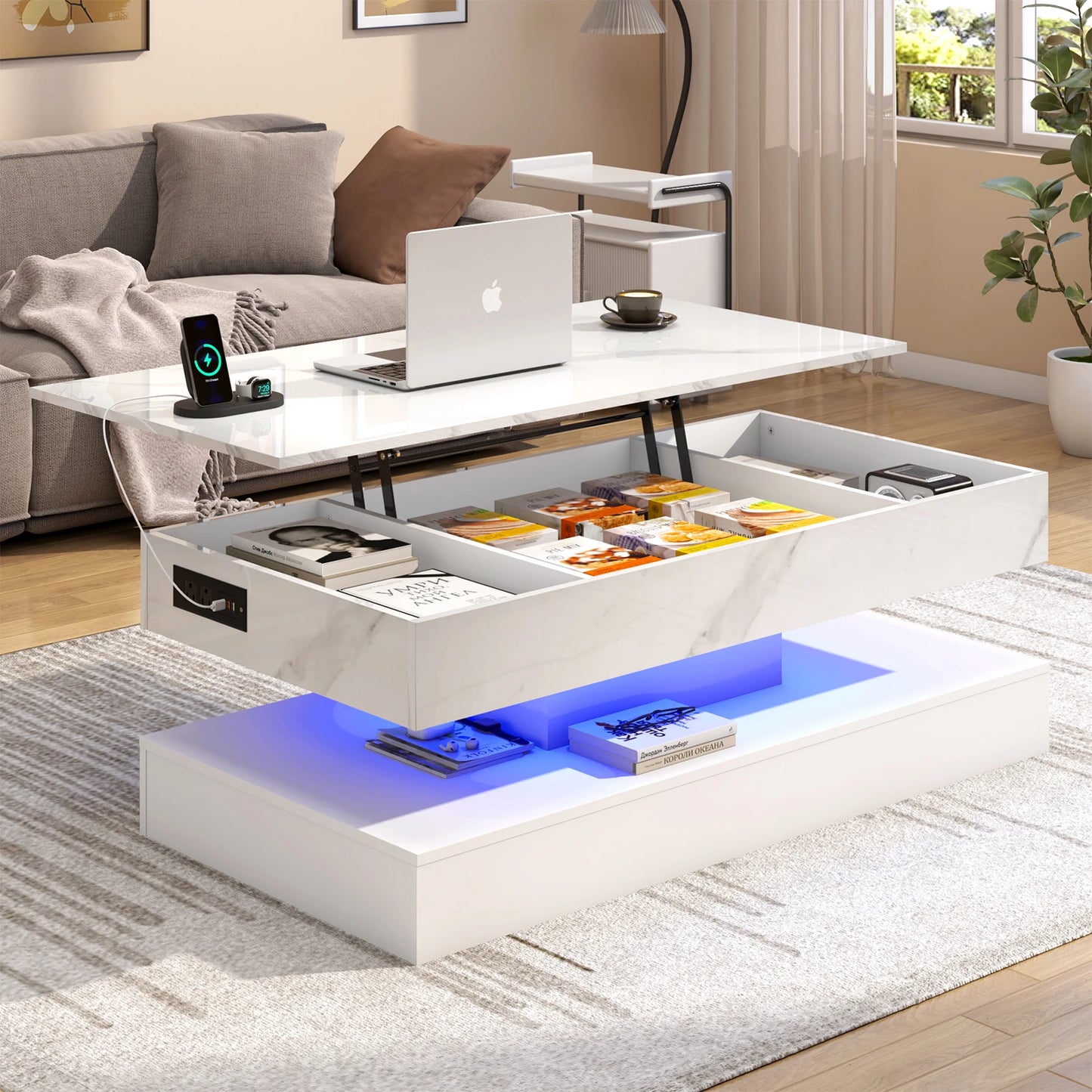 High Glossy LED Coffee TableOpen Display Shelf & Large Storage Space