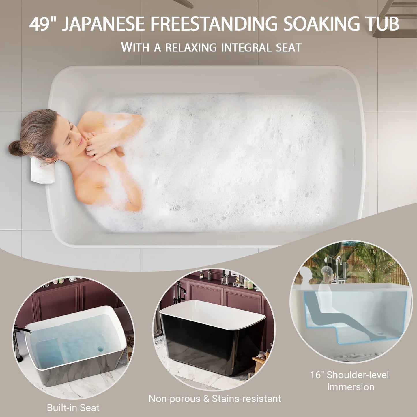 49'' Acrylic Freestanding Soaking Bathtub, Square-shape Japanese Soaking Hot Tub, Sit-In Design with Chrome Overflow